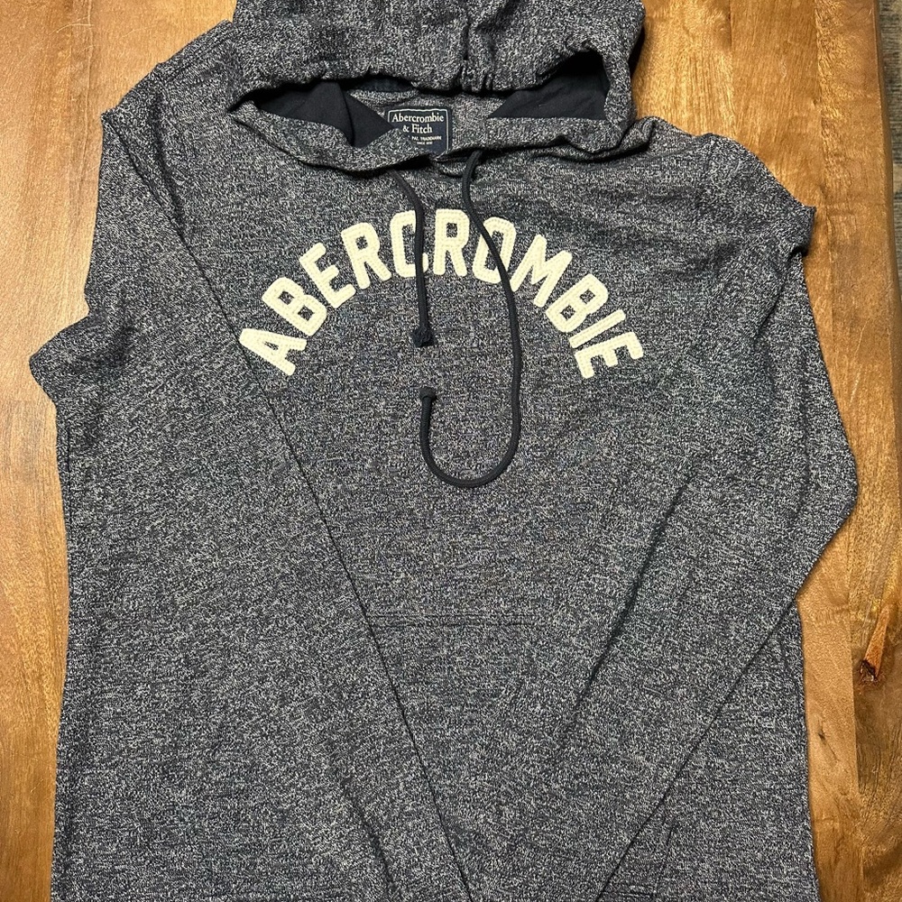 Abercrombie & Fitch Men's Heathered Charcoal Zip Hoodie with White Logo